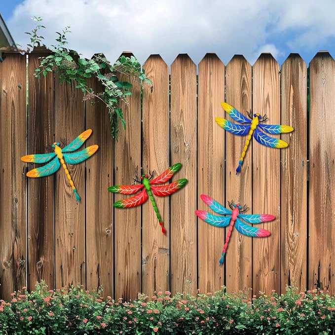 Metal Dragonfly Wall Decor, 4 Pack 13 inch Metal Dragonflies Wall Hanging Sculpture Decorations for Outdoor, Yard Patio Fence Garden Outside Decor
