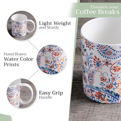 Maison d' Hermine Coffee Mug with Handles Tea Cups (15 Ounce, Pack of 1) | Fine Bone China Coffee Mugs for Hot Beverages Cappuccino Latte Home Restaurant Hotel Spring Summer -Indian Floral - Paisley