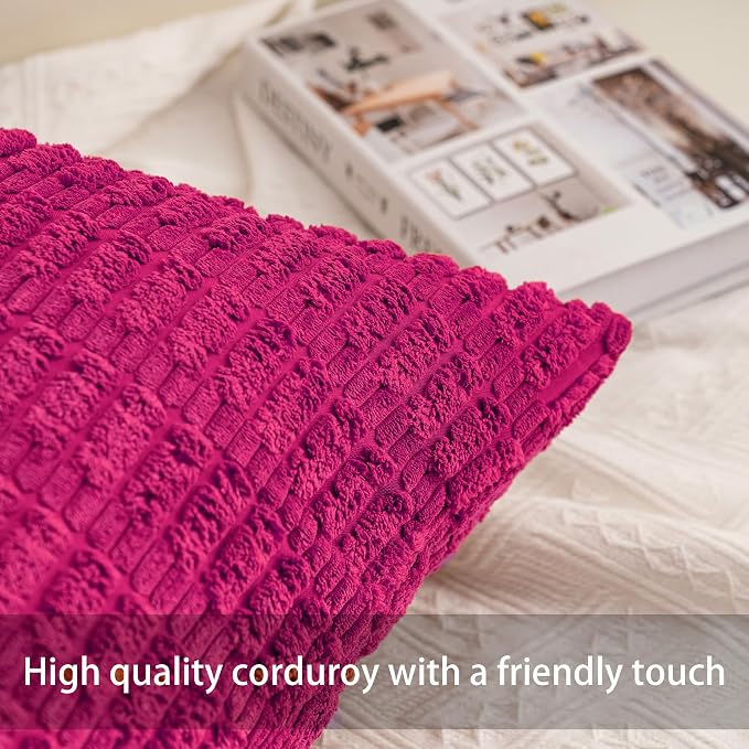 Aegero Pack of 2 Corduroy Decorative Throw Pillow Covers 12x24 Inch Soft Striped Pillow Covers Modern Farmhouse Home Decor for Sofa Living Room Couch Bed（Rose Red）