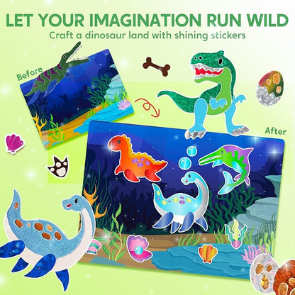 Klever Kits Foil Art Kit for Kids - Arts & Crafts Supplies, Mess Free Coloring, Dinosaur Foil Foam Stickers, Creative Travel Toys, Birthday Gifts for Boys & Girls Ages 4 and Up