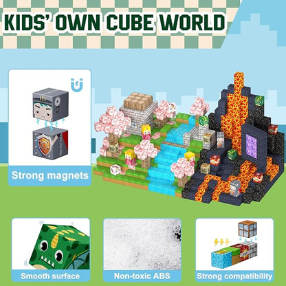 Uucoco 100PCS Magnetic Blocks - Magnet Cubes Toys Stacking, Build Mine Magnet World Magic Portal Set, STEM Montessori Stacking Toy for 3+ Year Old Boys&Girls (Forest and Castle)