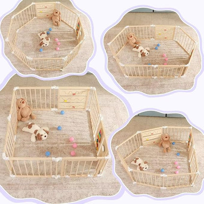 Foldable Wooden Baby Playpen with Soft Play Mat, Adjustable Playpen for Babies and Toddlers with 36 Colorful Balls, Portable Baby Fence Play Area Activity Center with Gate for Toddlers(56x56x23inches)