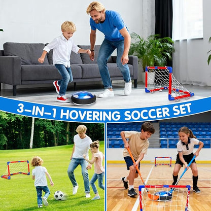 Qirptey 3 in 1 Hover Soccer Ball Toddler Hockey Set with LED Lights Indoor Toys for Kids Soccer Gift for Boys 6-8 8-12 Kids Sports Soccer Games 3 4 5 6 7 8 Year Old Boy Age 4-8 Birthday Gift
