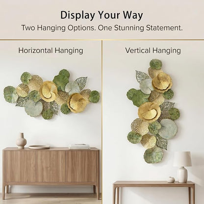 Axioglo 51" Large Wall Decor 3D Lotus Leaf Metal Wall Art for Living Room | 51" x 26" metal wall decor with layered metal texture, mounting hardware, two-way display