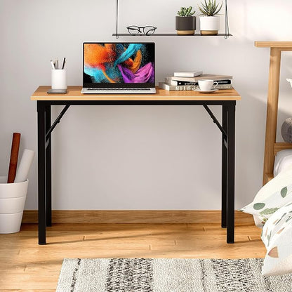 Need Office Computer Desk 39.3 Inch Sturdy Folding Laptop Table Teak | Black Frame Writing Gaming Work Table/Foldable Home Office Desk/Sewing Table, No Assembly Required