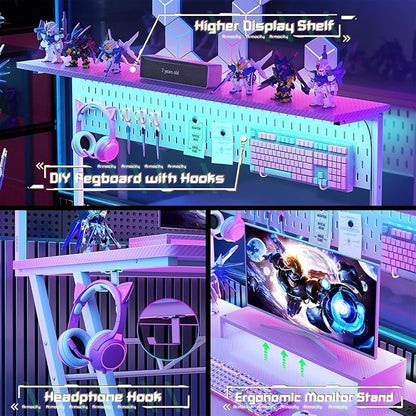 Gaming Computer Desk with Outlets and Storage Shelves, Pink Gaming Desk with Hutch and LED Lights, PC Gaming Desk with Pegboard for Bedroom, Carbon Fiber Pink, 47''