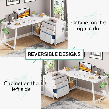 Tribesigns L-Shaped Computer Desk with 3 Drawers, Reversible Corner Home Office Desk with Shelves, 53-Inch Industrial PC Desk Study Writing Table Workstation for Small Space, White
