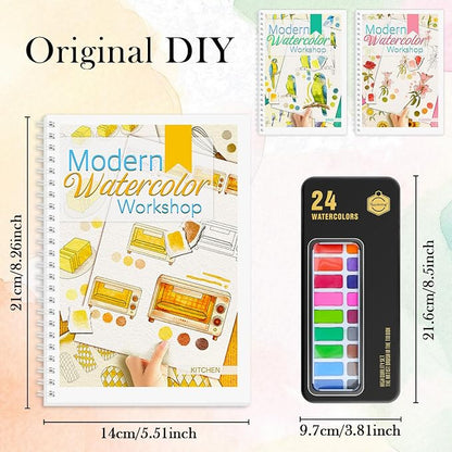 3Pcs Watercolor Workbook Paint Book Beginner Friendly Painting Kit, 36 Pages Workbooks with 24 Paint Colors & Brush for Beginners, Stress-Relieving Gift for Women Adults (Bird&Flower&Kitchen)