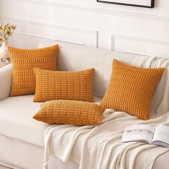 MIULEE Fall Pack of 2 Burnt Orange Corduroy Decorative Pillow Covers 18x18 Inch Soft Boho Striped Throw Pillow Covers Modern Farmhouse Home Decor for Sofa Living Room Couch Bed