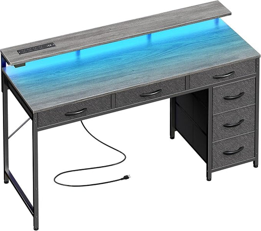 Huuger Gaming Desk with 6 Drawers, Computer Desk with LED Lights Power Outlets and Type-C, 47 Inch Office Desk with Storage, Monitor Stand, Writing Work Desk Home Office, Bedroom, Study, Grey
