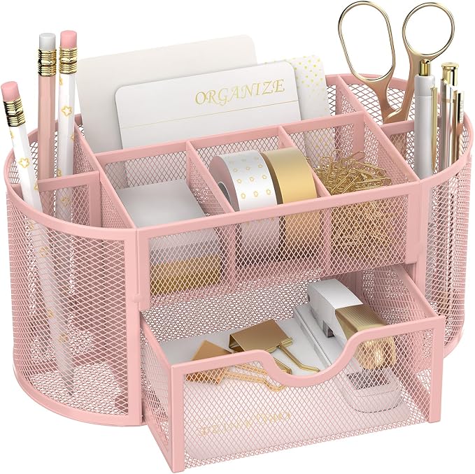 Mesh Desk Organizer with Drawer, 9-Compartment Pen Holder for Desk, Pink | Pull-Out Drawer Stores Pens, Pencils, Clips, Notes, and Small Office or School Supplies in One Compact Desk Caddy