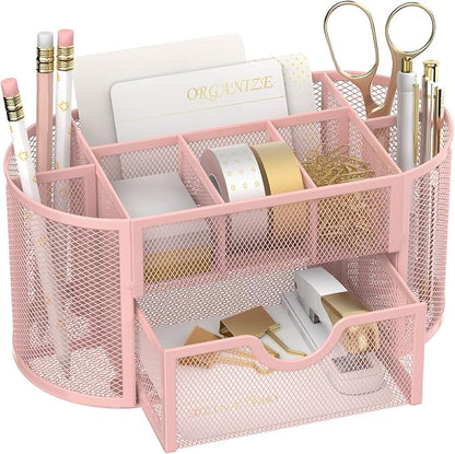 Mesh Desk Organizer with Drawer, 9-Compartment Pen Holder for Desk, Pink | Pull-Out Drawer Stores Pens, Pencils, Clips, Notes, and Small Office or School Supplies in One Compact Desk Caddy