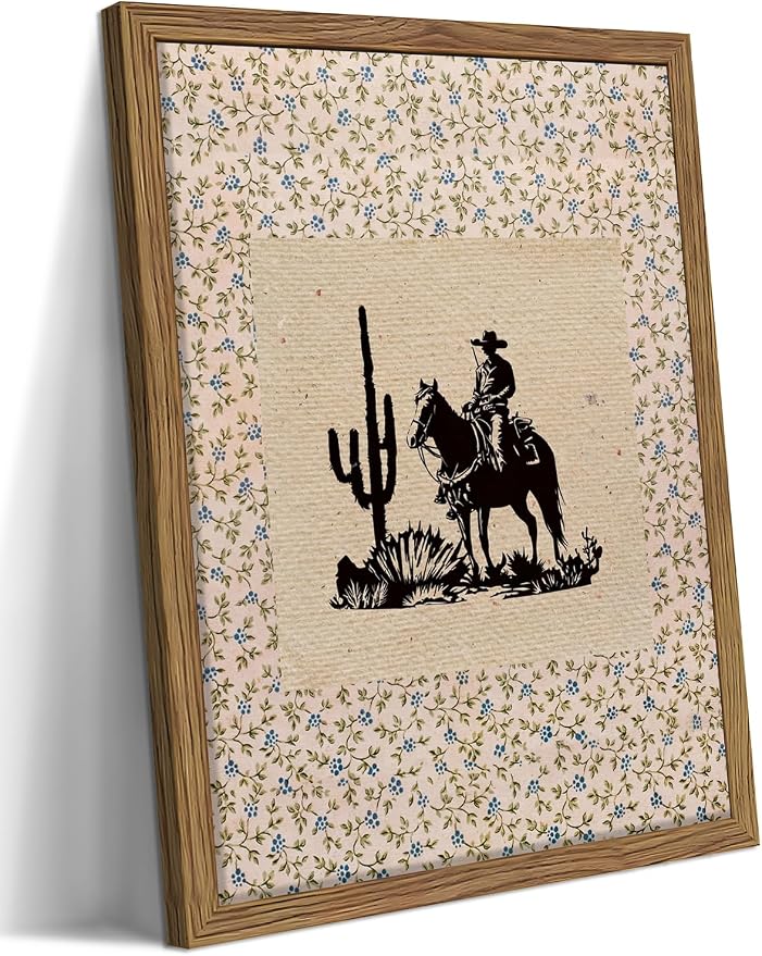 Western Cowboy Wall Art - Framed Canvas Cactus Poster for Living Room & Entryway, Vintage Horse Silhouette in Wood Frame, Rustic Floral Border Print, Farmhouse Decor 16x24 inch