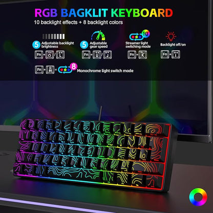 Snpurdiri 60% Wired Gaming Keyboard 61 Keys RGB (Contour Line-Black) | Backlit Small Gaming Keyboard Ultra-Compact for PC/Mac Gamer, Typist, Travel, Easy to Carry on Business Trip