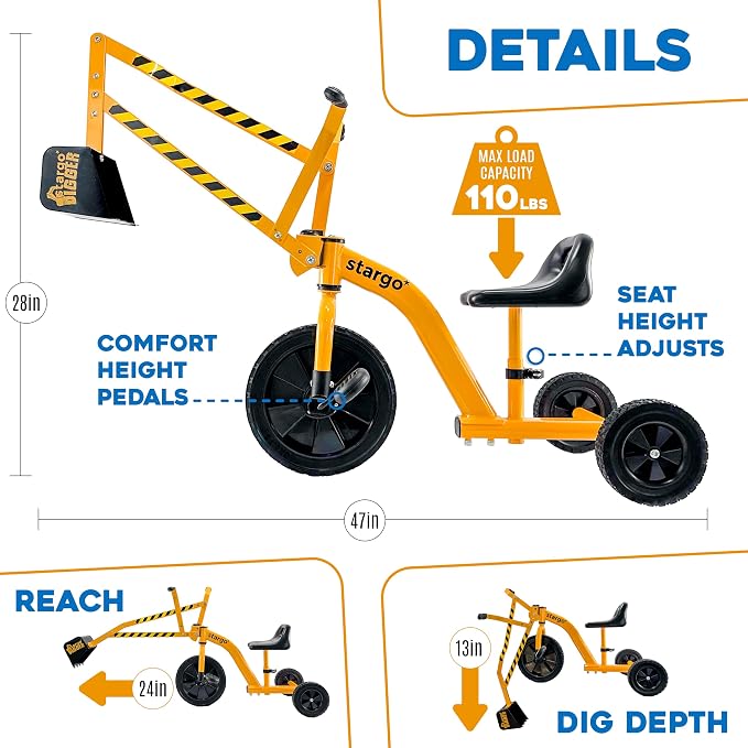 stargo Kids Excavator Sand Digger Tricycle with Pedals, Handlebar, Scooper and Rotating Wheel, Ride On Excavator Construction Toy Trike for Toddler Boy