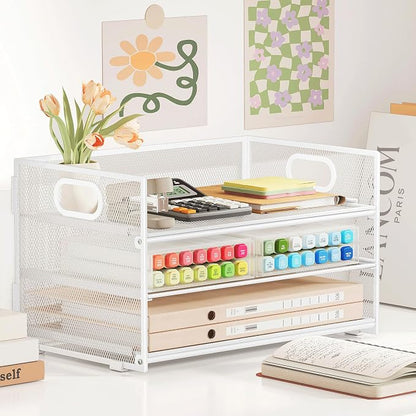 Subekyu 3 Tier Letter Tray Paper Organizer with Handle, 1 PC Sliding Tray, White Metal Mesh Desk File Folder Paper Sorter Organizer for Home Office School Desk Supplies Organization Storage