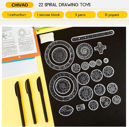 Chivao Spiral Art Kit Circle Stencils Drawing Tool Gear Geometric Ruler Circle Template Drawing Kit Plastic Spiral Curve Stencils with Pens Paper for Back to School Gifts DIY Crafts Sketch(Classic)
