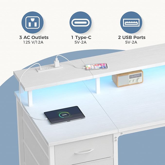 DUMOS 47-Inch Gaming Desk with Power Outlets and LED Lights, White | Computer Desk with 4 Storage Drawers, Home Office Desk with Monitor Stand, Small Desk for Bedroom Study