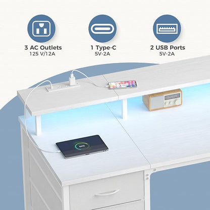DUMOS 47-Inch Gaming Desk with Power Outlets and LED Lights, White | Computer Desk with 4 Storage Drawers, Home Office Desk with Monitor Stand, Small Desk for Bedroom Study
