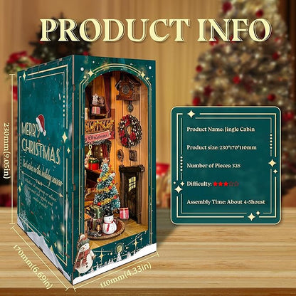 Christmas Book Nook Kit with LED Light - DIY 3D Puzzles Miniature House Kit Rotating Decorative Dollhouse Book Nooks for Adults Teens Gift - Jingle Cabin (SQ-34)