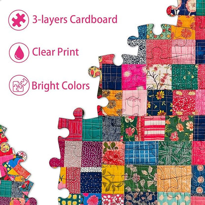 Sewing Patch 1000 Piece Puzzle for Adults, PICKFORU Vintage Quilt Patchwork Flower Art Puzzles, Impossible Difficult Colorful Theme as Wall Decor