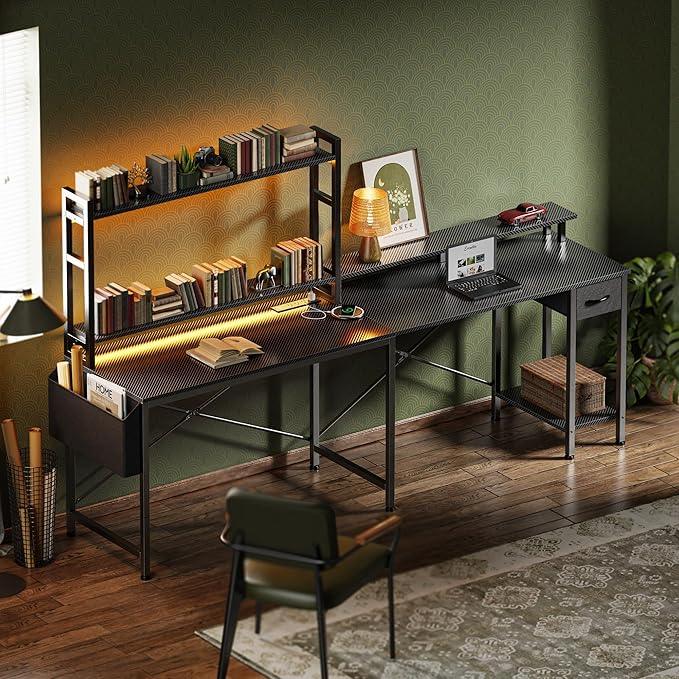 L Shaped Desk Computer Desk with LED Lights & Power Outlets, Gaming Desk with Storage Shelves, Corner Desk Home Office Desks for Bedroom, Carbon Fiber Black