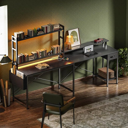 L Shaped Desk Computer Desk with LED Lights & Power Outlets, Gaming Desk with Storage Shelves, Corner Desk Home Office Desks for Bedroom, Carbon Fiber Black