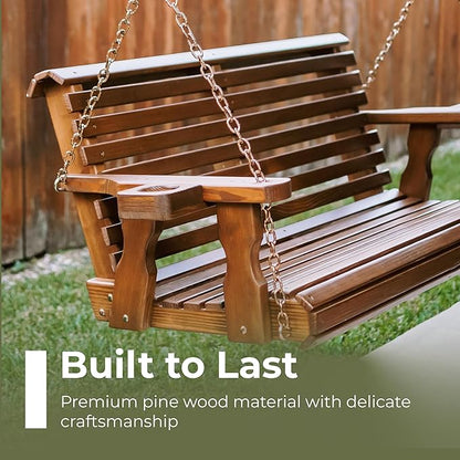 Amish Casual 4 Foot Roll Back Porch Swing with Cup Holders in Dark Walnut Stain - Amish Made in The USA from Treated Pine Heavy Duty 700 Lb. Weight Capacity