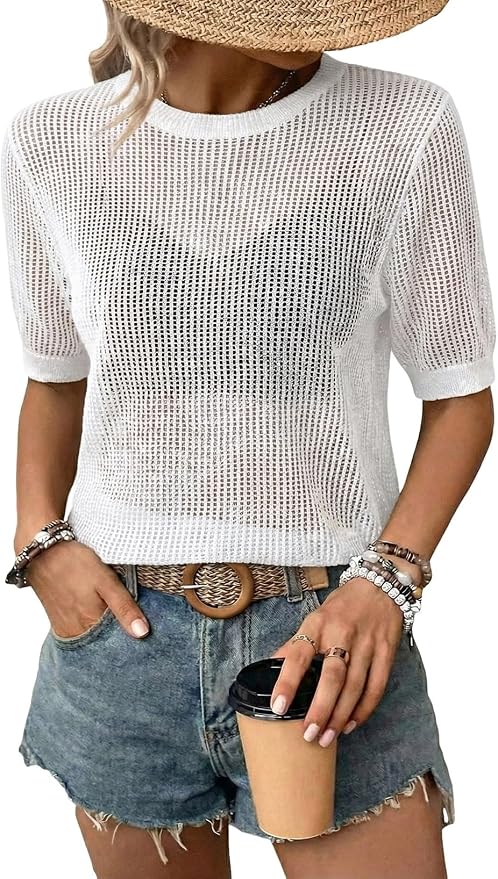 Dokotoo Womens Summer Short Sleeve Crochet Tops Hollow Out Floral Sweaters Beach Vacation Cruise Outfits