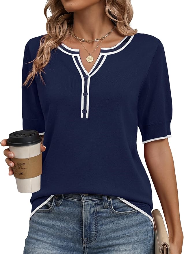 Zeagoo Women's Short Sleeve Sweater 2026 Spring Summer Tops Lightweight Casual V Neck Sweaters Dressy Work Blouses Clothes