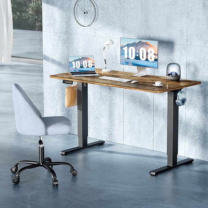 DUMOS 48 Inch Electric Standing Desk, Memory Adjustable Home Office Desk | Sit Stand Up Desk for Work Home Office,Adjustable Desk, Rising Computer Table with Splice Board,Cable Management,Hook,Brown