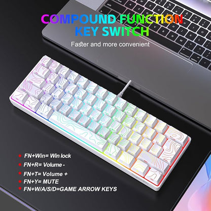 Snpurdiri 60% Wired Gaming Keyboard, 61 Keys RGB Contour Line (White) | Backlit Ultra-Compact Small Gaming Keyboard for PC/Mac Gamer, Typist, Travel, Easy to Carry on Business Trip