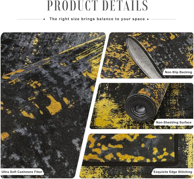 5x7 Area Rug Living Room Rug: Washable Modern Abstract Soft Thin Rug Indoor Floor No Slip Carpet for Bedroom Dining Room Farmhouse Nursery Home Office - Dark Black Gold