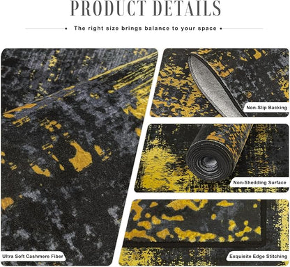 5x7 Area Rug Living Room Rug: Washable Modern Abstract Soft Thin Rug Indoor Floor No Slip Carpet for Bedroom Dining Room Farmhouse Nursery Home Office - Dark Black Gold