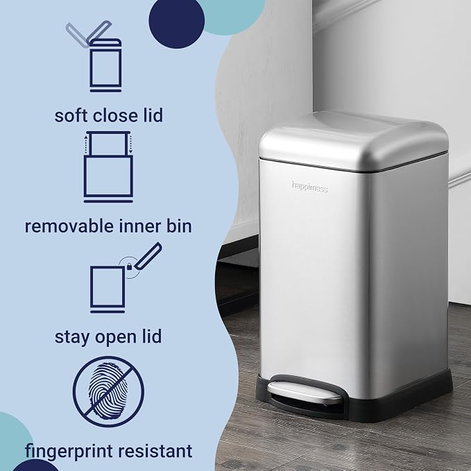 happimess HPM1012A Betty Retro Mini 3.2-Gallon Step-Open Trash Can with Soft-Close Lid, Modern, Minimalistic, Fingerprint Proof for Home, Kitchen, Laundry Room, Office, Bedroom, Bathroom, Chrome
