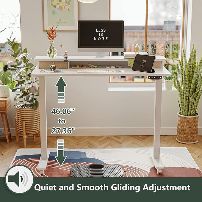 FEZIBO 55 x 24 Inch Height Adjustable Electric Standing Desk with Double Drawer, Stand Up Desk with Storage Shelf, Sit Stand Desk, White