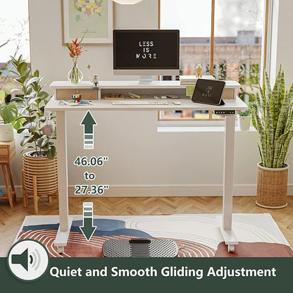 FEZIBO 55 x 24 Inch Height Adjustable Electric Standing Desk with Double Drawer, Stand Up Desk with Storage Shelf, Sit Stand Desk, White