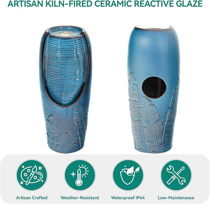 Autodaya 33" H Ceramic Jar Outdoor Water Fountain, Banana Leaf-Texture | Artisan High-Fired Glaze, Warm Ambient LED Lighting, Upgraded Pump, Soothing Cascading Water Feature For Garden Patio Yard