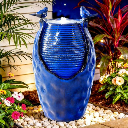 23.5" H Ceramic Jar Outdoor Fountain, Honeycomb Pot Water Feature with LED Lights, Soothing Trickling Waterfall for Garden, Patio, Yard, Balcony or Porch Oasis, Cobalt Blue Glaze, KD Vivid Birds