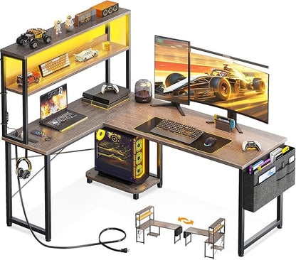 AODK L Shaped Desk Gaming Desk with LED Light & Power Outlet | 53 Inch Grey Oak Reversible L Shaped Computer Table with Shelf & Storage Bag & Hook for Home Office