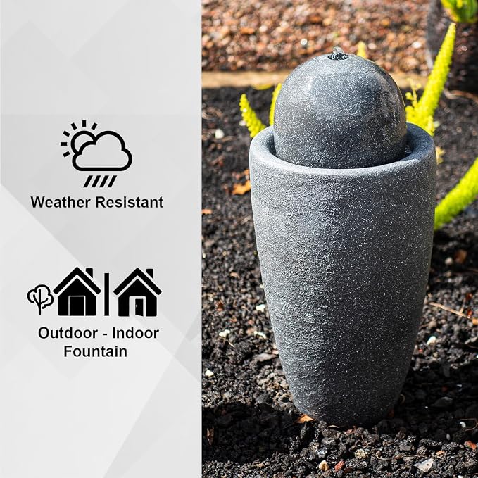 XBrand 26" Modern Sphere Water Fountain with LED Light – Indoor Outdoor Stone Texture Floor Fountain, Zen Bubbling Ball Water Feature for Garden Patio Porch - Gray