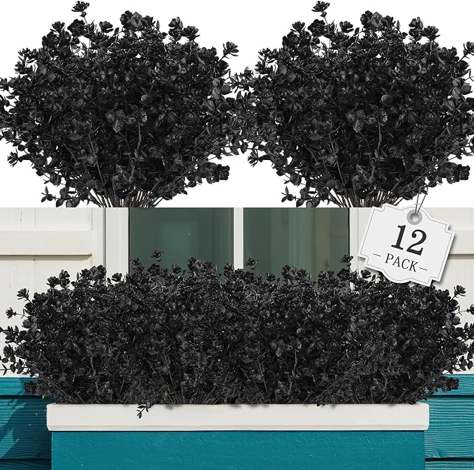 AGIRL 12 Bundles Black Artificial Flowers for Outdoor,No Fade Fake Plastic Flowers Faux Plants for Halloween Decor,Hanging Planters Decoration Indoor Outside Garden Porch Window Box Home Party