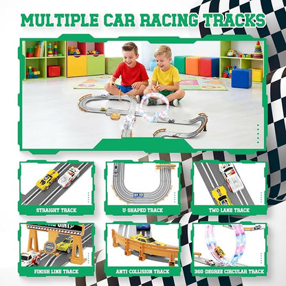 18.04ft 2-in-1 Slot Car Track Sets Toy - with 4 Cars, Battery or Electric Car Track Set with Dual Racing Game, Flash Circular Track, Lap Counter,Birthday Xmas Gifts Toys for Boys(S2-Charcoal)