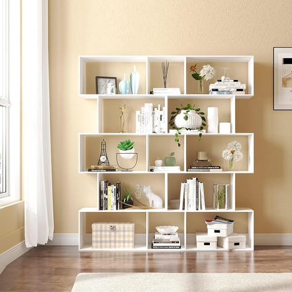 Yusong Bookshelf 5-Tier, Geometric Bookcase S Shaped Book Shelves for Bedroom, Modern Wood Decorative Display Shelf Book Case for Home Office, White