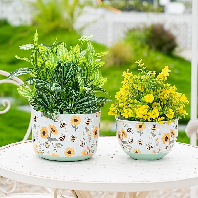 Butterfly & Bee Metal Planters Set of 2 – Decorative Flower Pots with Colorful Garden Prints, Outdoor & Indoor Use Cute Spring Floral Design for Patio, Balcony, Home Decor (Bee)
