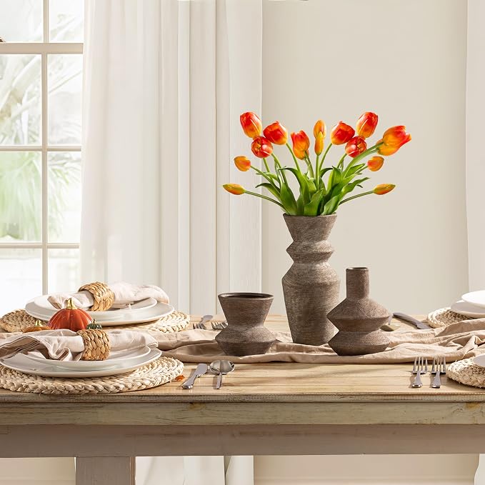Ceramic Vase Home Table Decor - Brown Flower Vase Set of 3 Living Room Kitchen Decorations Farmhouse Modern Rustic Vases Decorative Centerpiece for Shelf Bedroom Office Bathroom Dining Coffee Desk