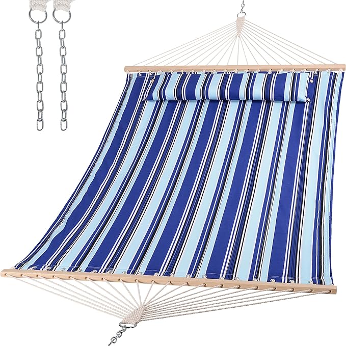 SUNCREAT Hammocks Quilted Fabric Hammock, Double Hammock with Spreader Bar, Soft Pillow, Max 475lbs Capacity, Blue Stripes