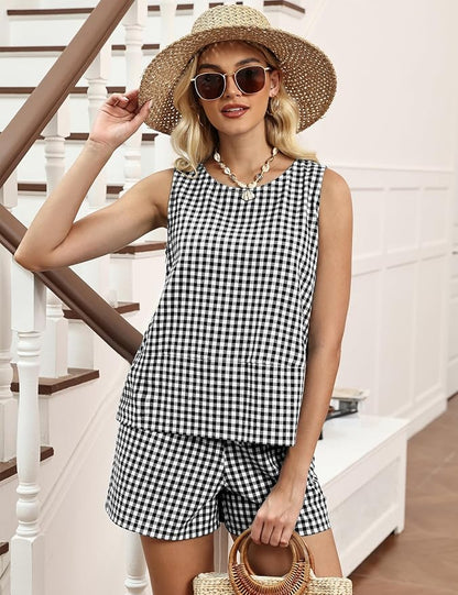 LOMON Women's Trendy 2 Piece Outfits Shorts Sets Summer Crew Neck Sleeveless Tank Top and Bottom Matching with Pockets 2026
