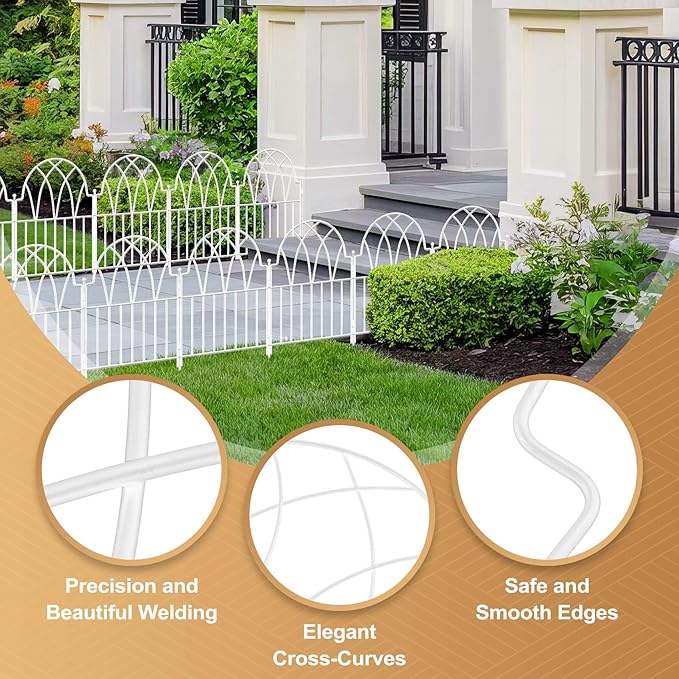 Garden Fence Panels - 17 in(H) x 10.56ft(L) White Metal Fence No Dig Decorative Fence with Stakes Animal Barrier Fence for Dogs, Flower Bed Edging Wire Border for Yard, Patio, Outdoor Decor