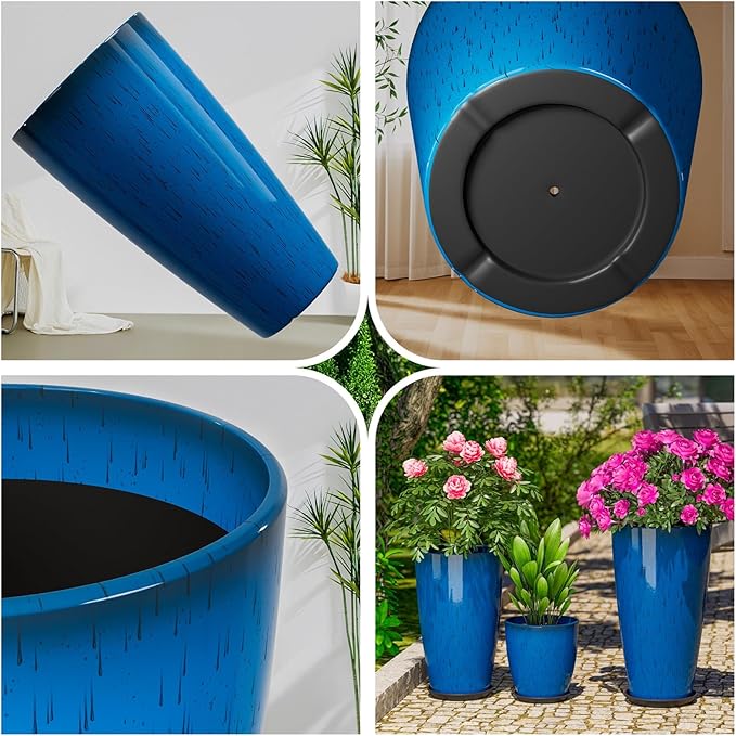 QCQHDU 24,21,11 inch Large Planters with Drainage Hole & Saucer, Set of 3 Plant Pots Tall Planter for Indoor & Outdoor Plants Home Modern Decor